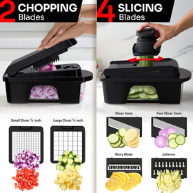 Mueller Home Ultimate 12-Blade Chopper in action for quick dicing of onions and peppers.