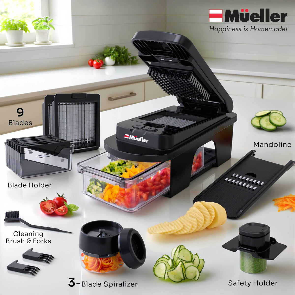 Mueller Home Ultimate 12-Blade Chopper uses a food holder for slip-free cutting.