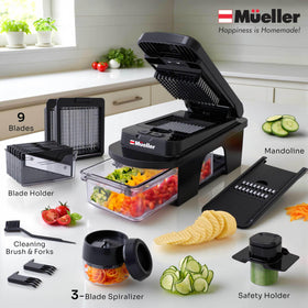 Mueller Home Ultimate 12-Blade Chopper uses a food holder for slip-free cutting.