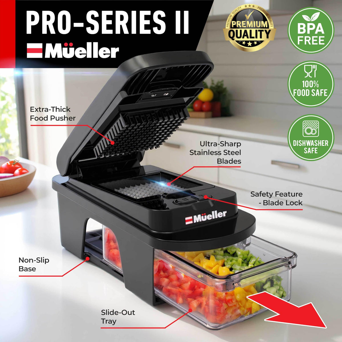 Mueller Home Ultimate 12-Blade Chopper with spiralizer attachment adds veggie pasta options.