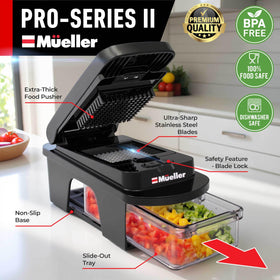 Mueller Home Ultimate 12-Blade Chopper with spiralizer attachment adds veggie pasta options.