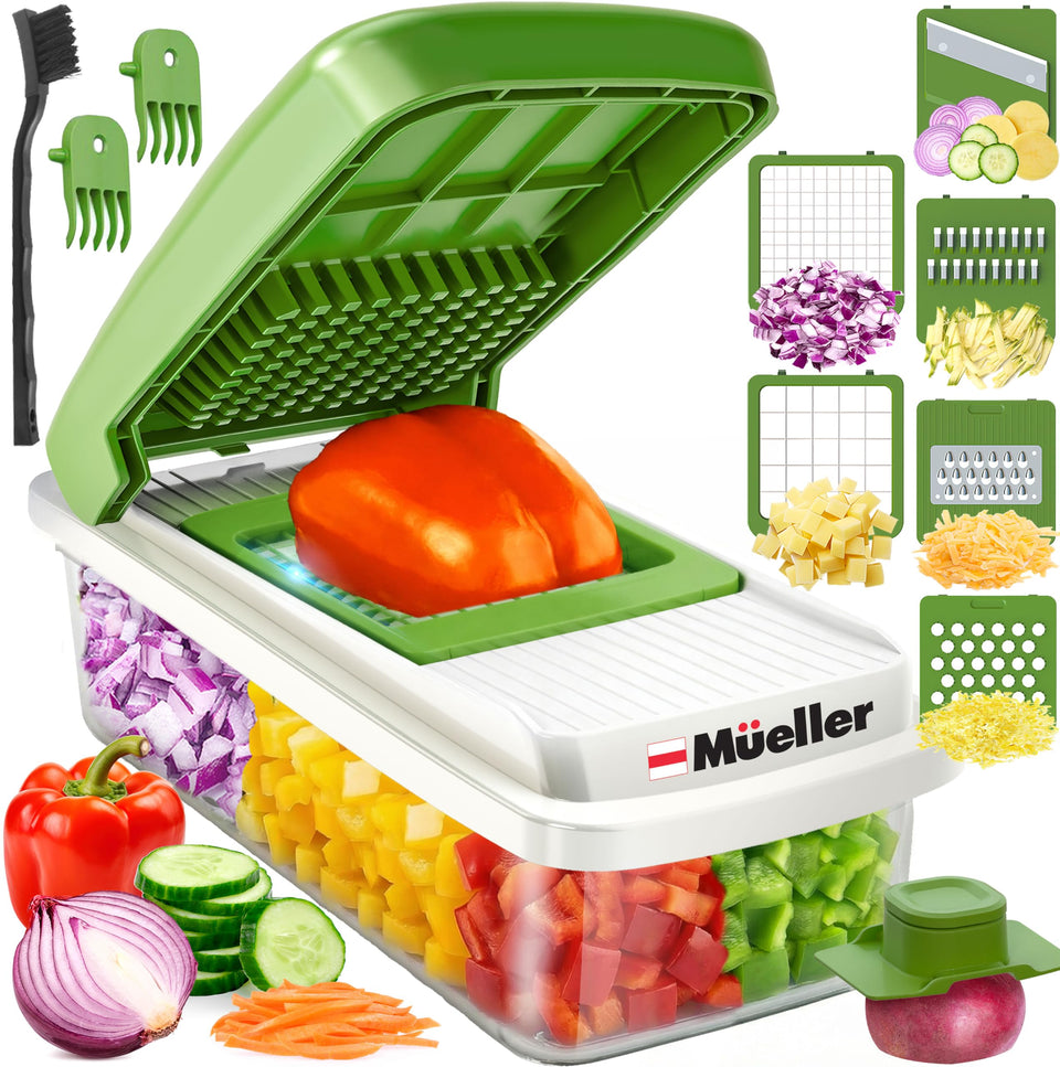 Mueller Home Vegetable Chopper with container for mess-free prep and easy storage.