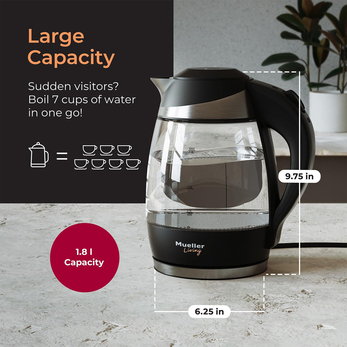 Mueller Living Electric Kettle blue-led-light indicates readiness for pouring.