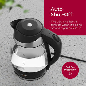 Mueller Living Electric Kettle cordless-base allows untethered pouring after heating.