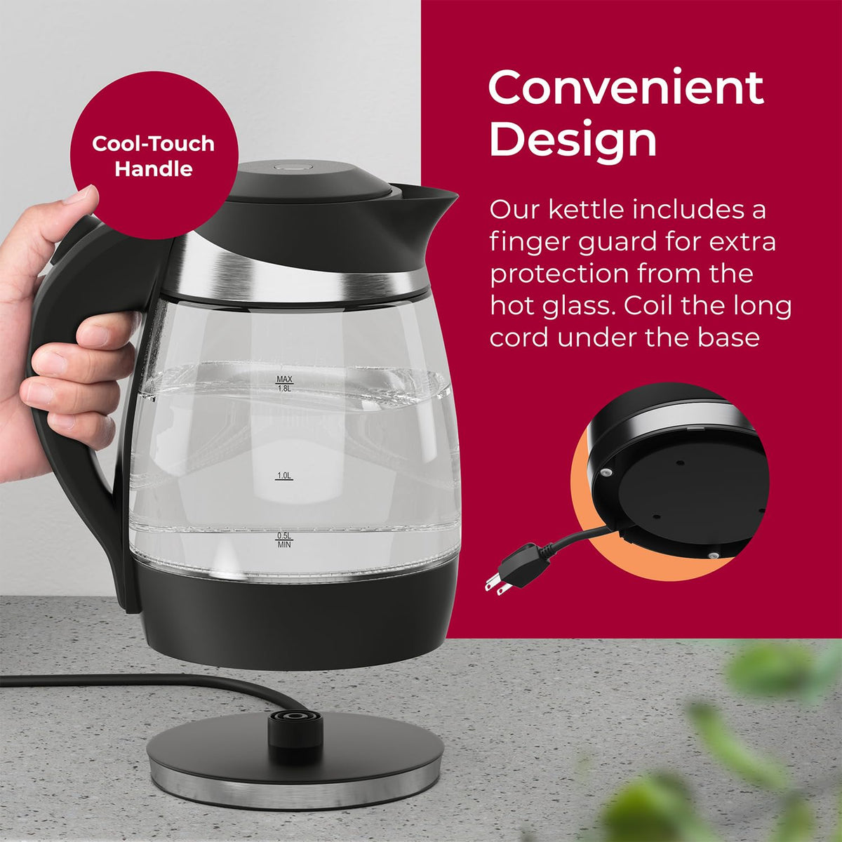 Mueller Living Electric Kettle easy-pour-spout delivers smooth pouring with minimal splashes.