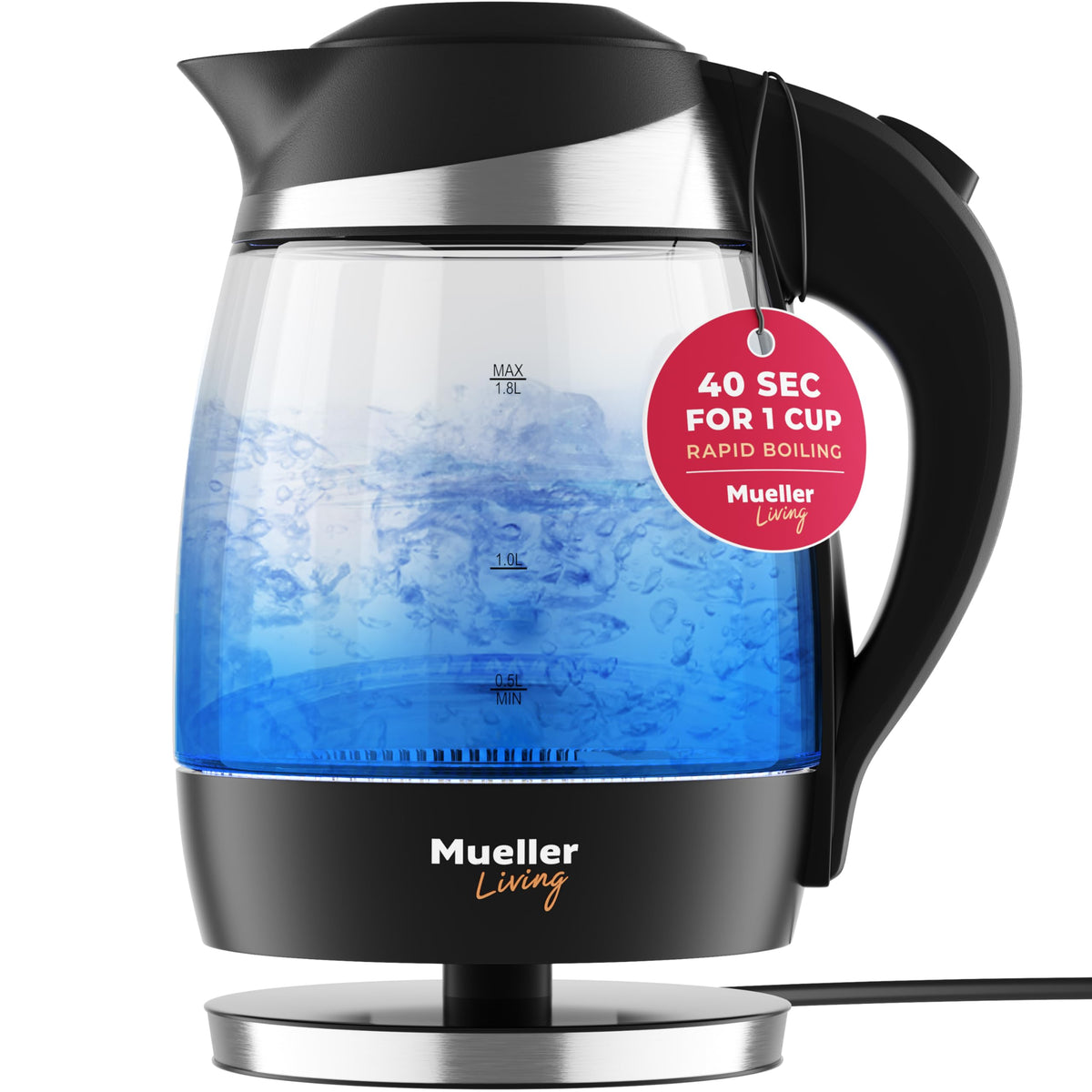 Mueller Living Electric Kettle speedboil shows rapid water heating for tea or coffee.