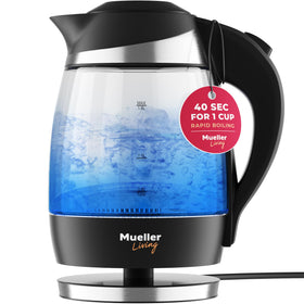 Mueller Living Electric Kettle speedboil shows rapid water heating for tea or coffee.