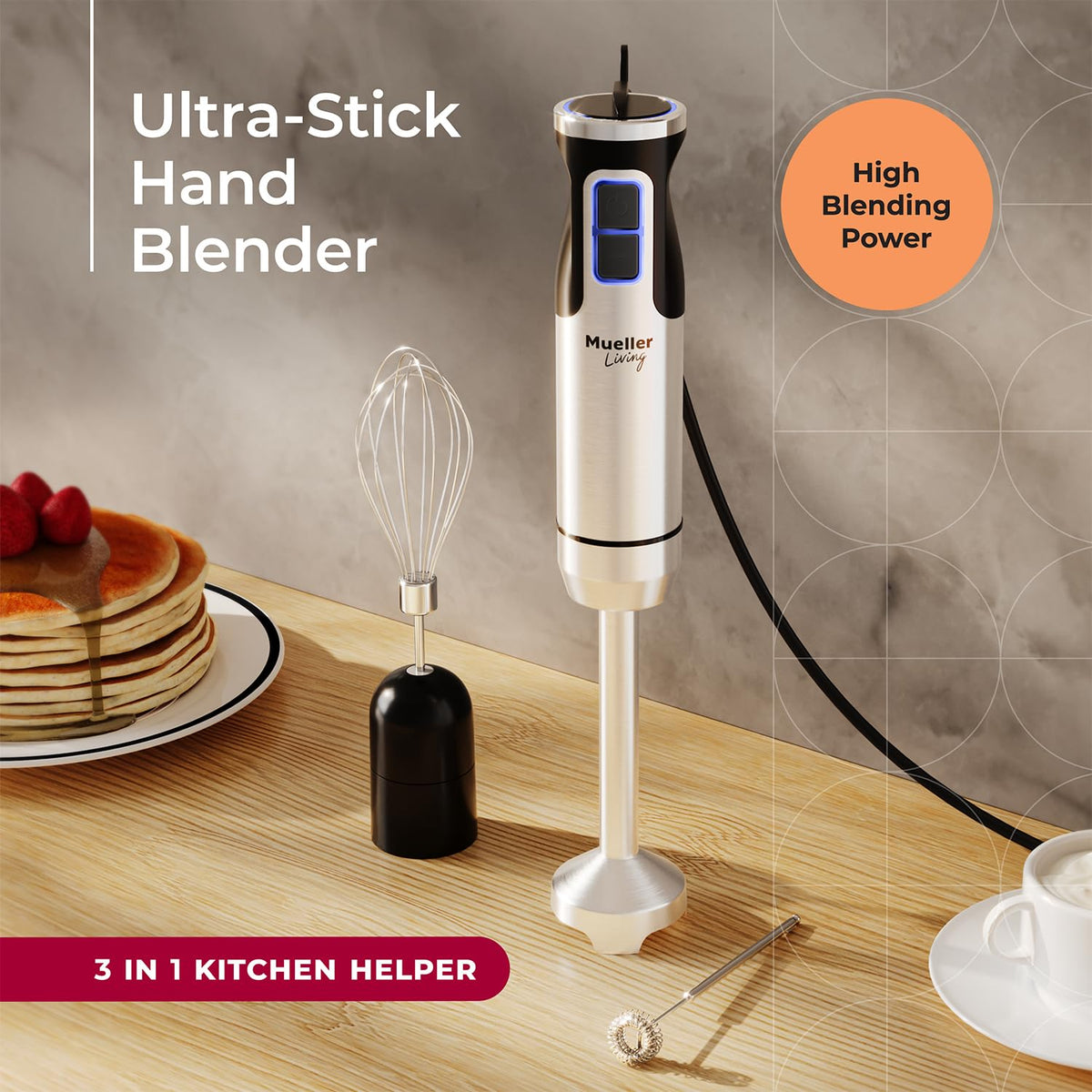 MuellerLiving Ultra-Stick milk frother creating creamy foam for drinks