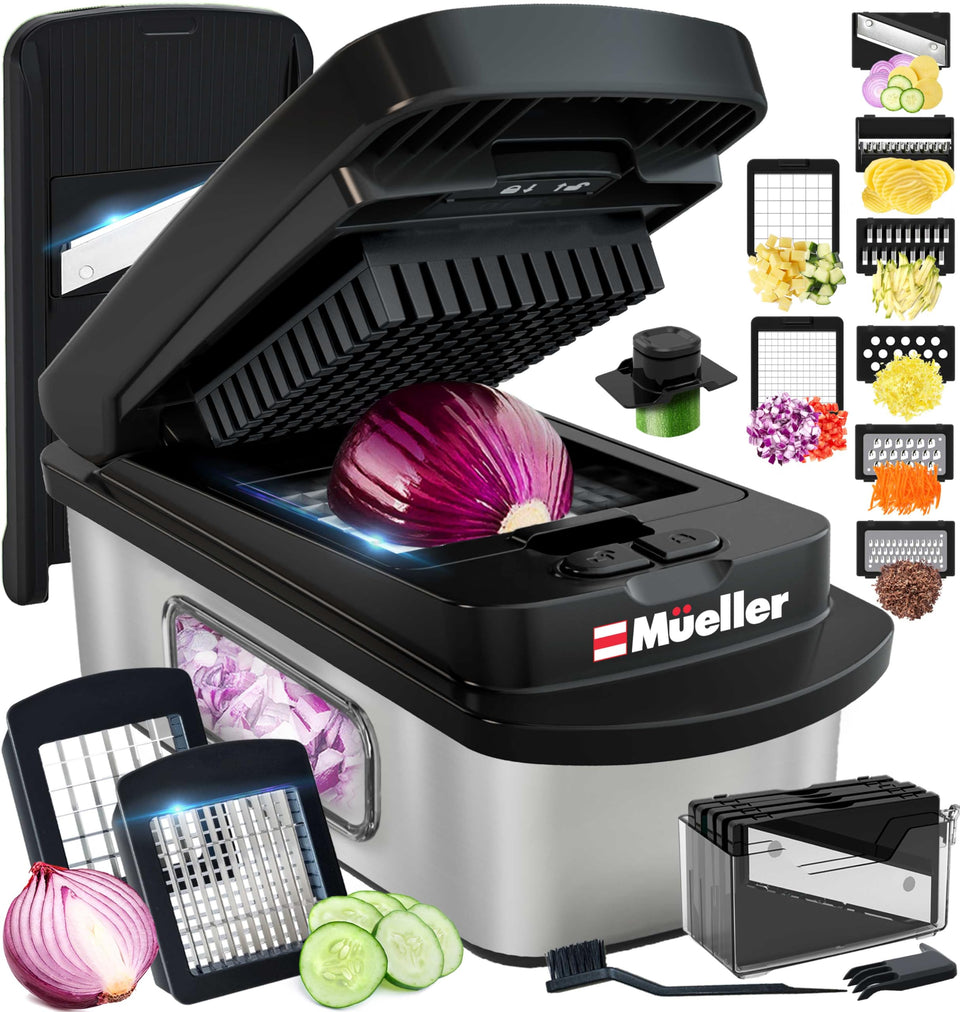Mueller Pro-Series 10-in-1 chopper with multiple blades for quick prep.
