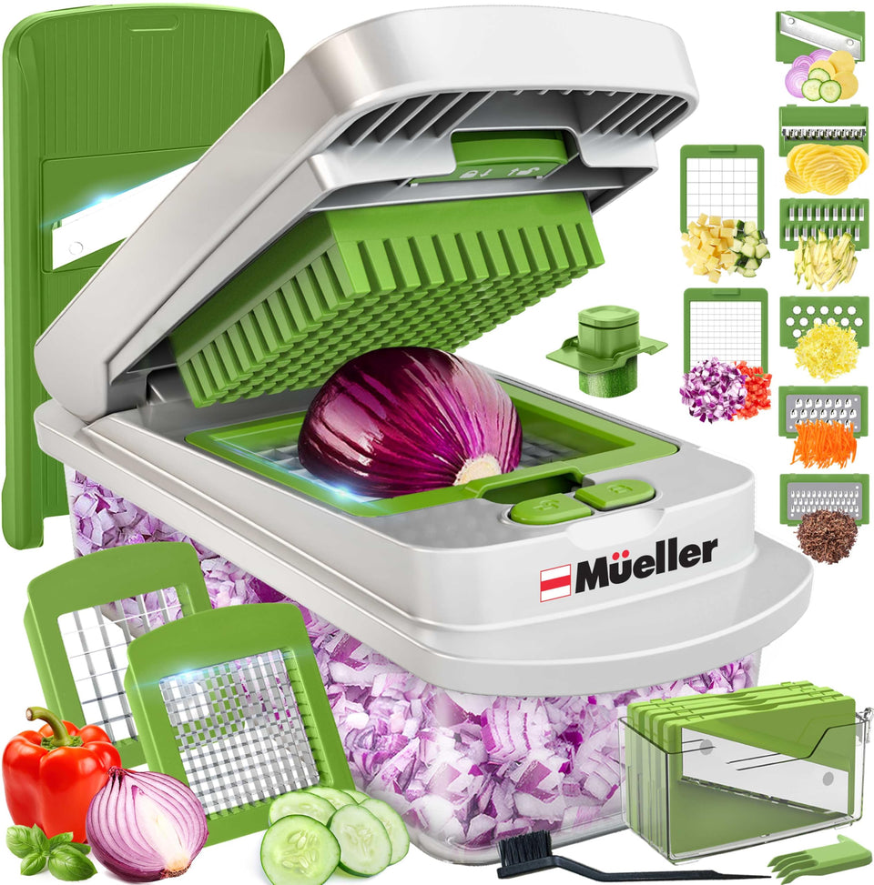 Mueller Pro-Series 10-in-1 packaging highlights space-saving versatility.