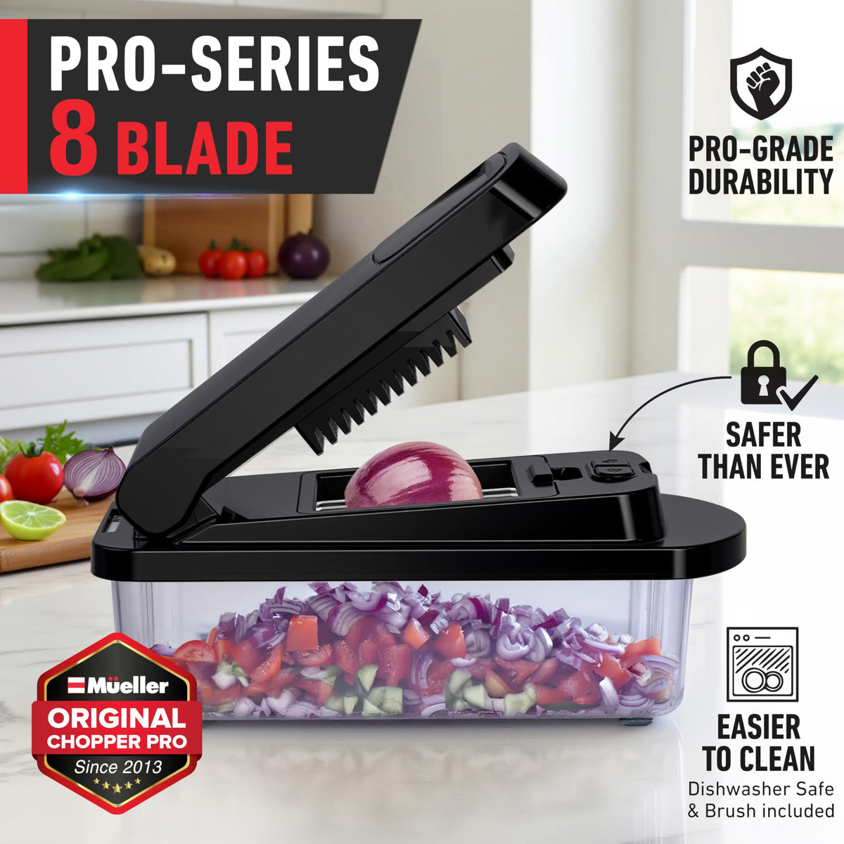 Mueller Pro-Series 10-in-1 blade storage area keeps blades organized and ready