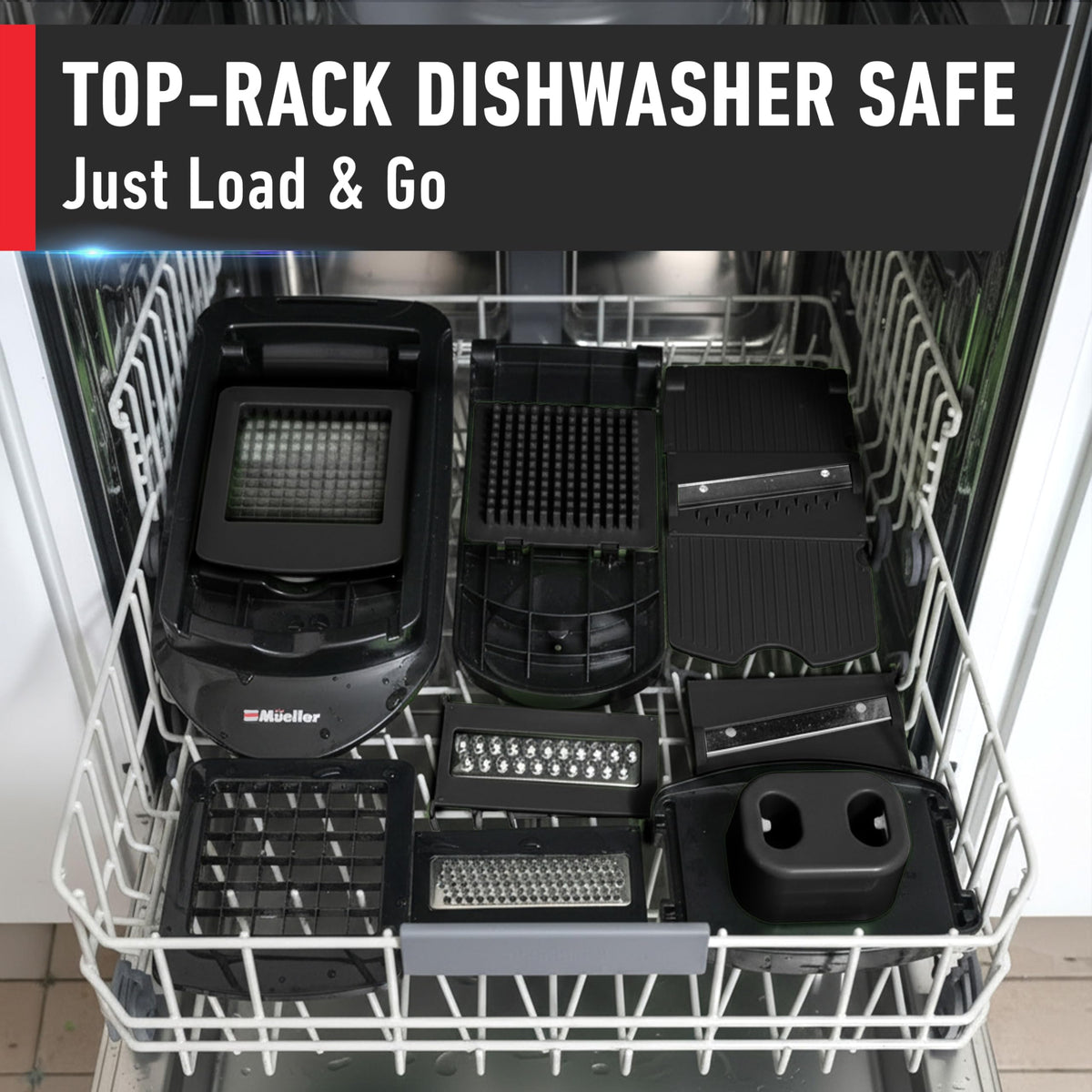 Mueller Pro-Series 10-in-1 components shown as dishwasher-safe for simple cleanup