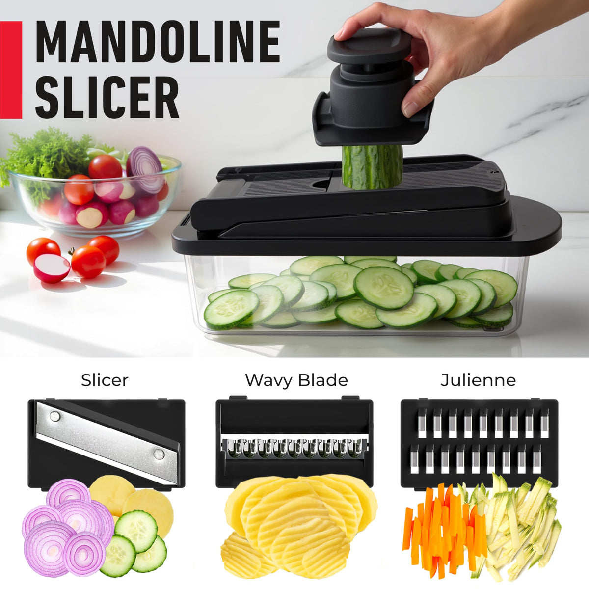 Mueller Pro-Series 10-in-1 food holder stabilizes small vegetables during slicing