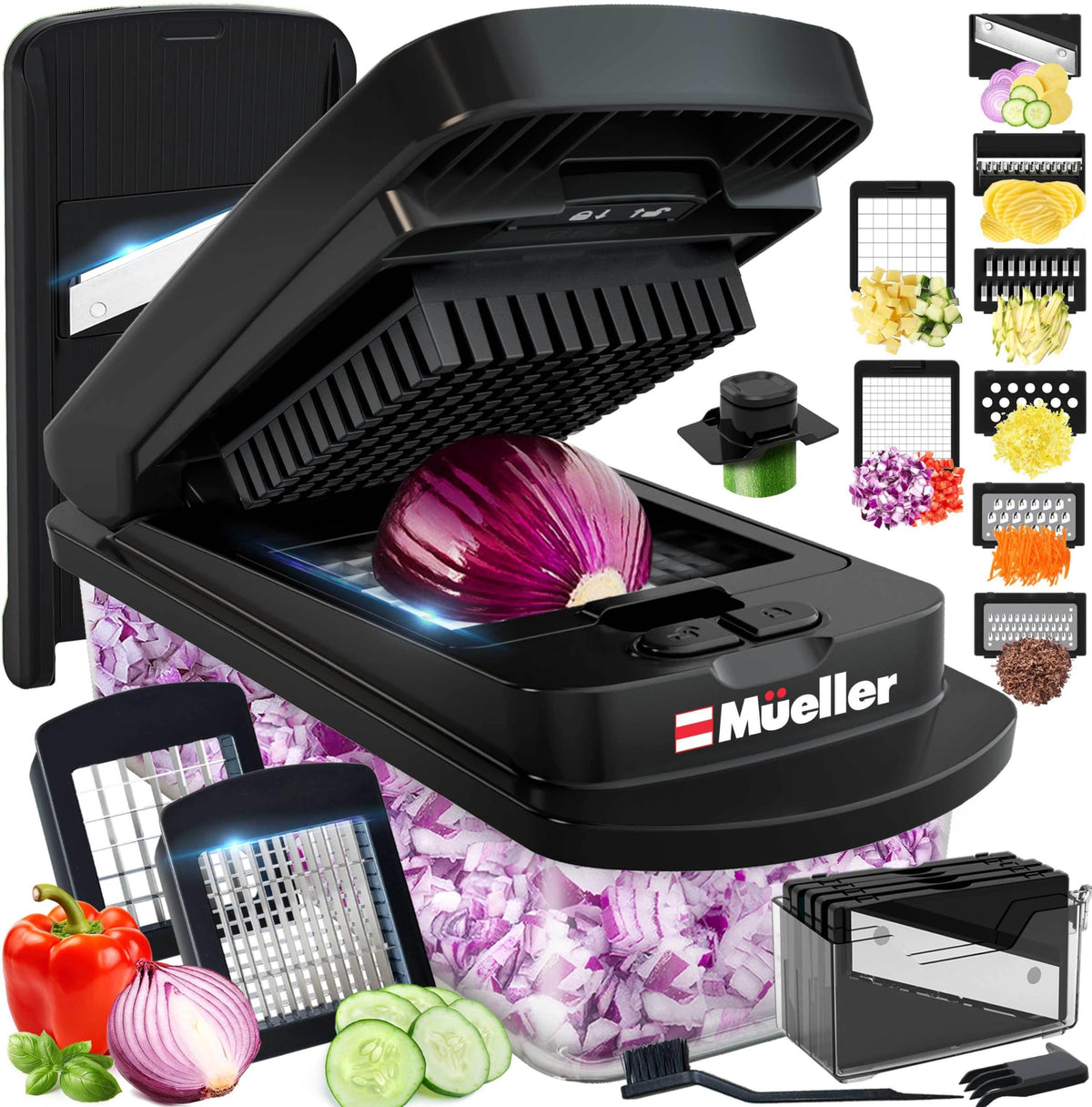 Mueller Pro-Series 10-in-1 chopper front view showing compact versatility for quick prep