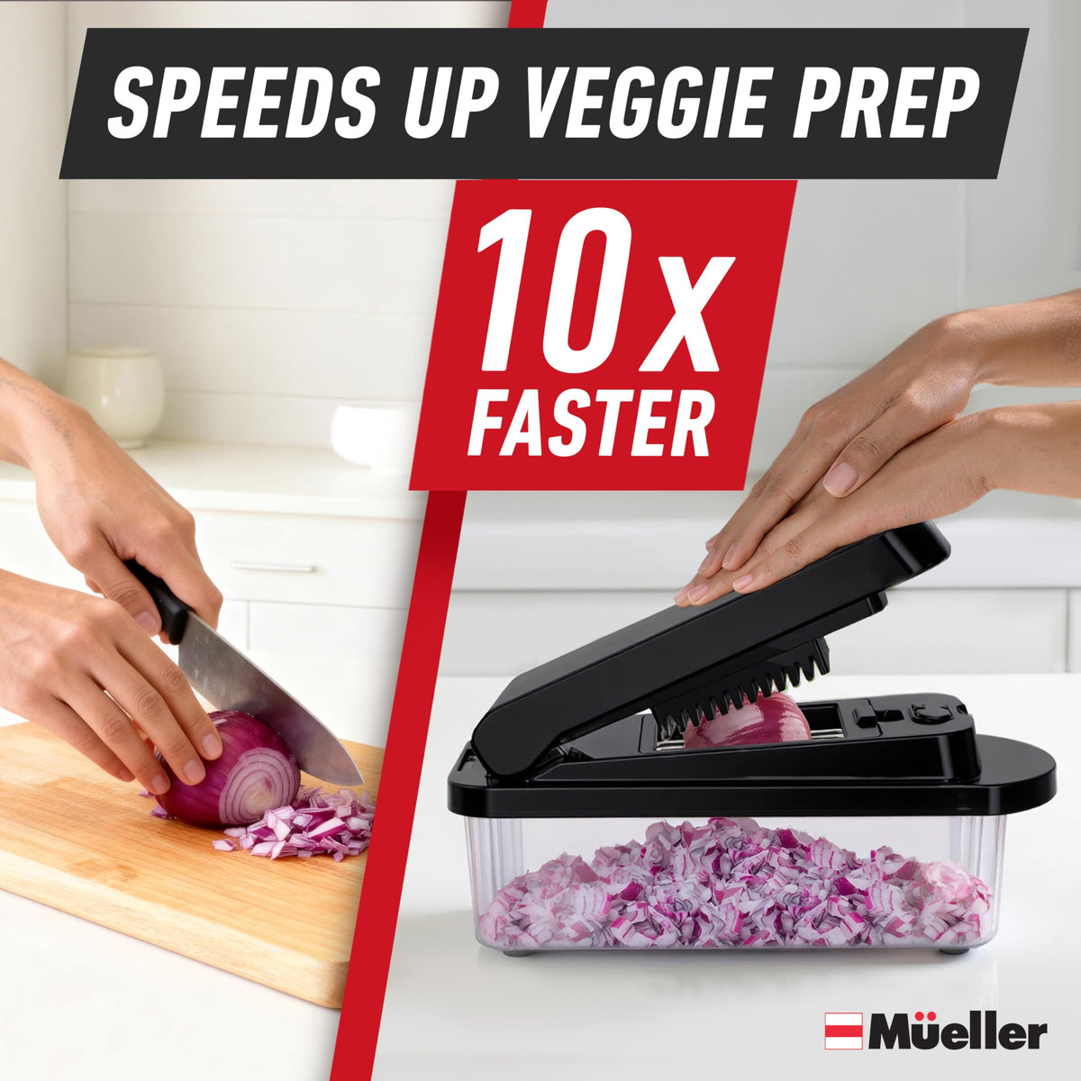 Mueller Pro-Series 10-in-1 slicer attachment in use for even slices