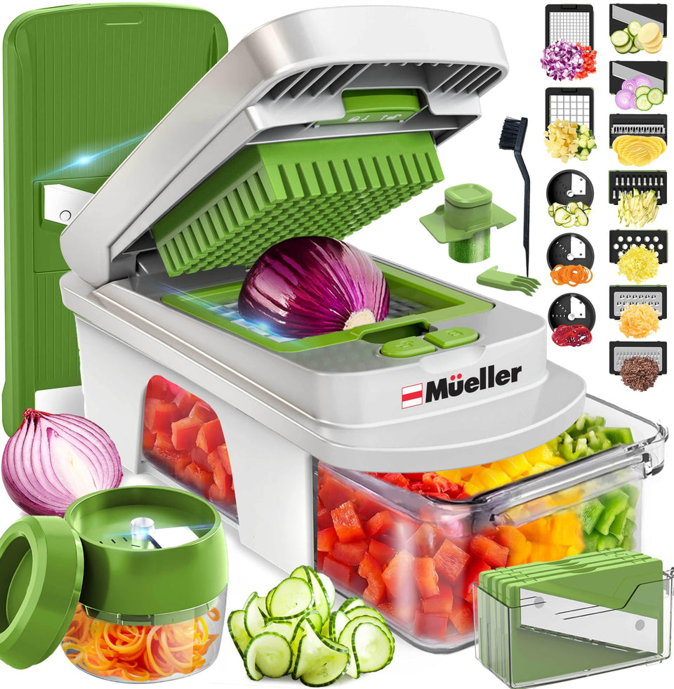 Mueller Pro-Series 12-blade mandoline in compact form for quick meal prep.