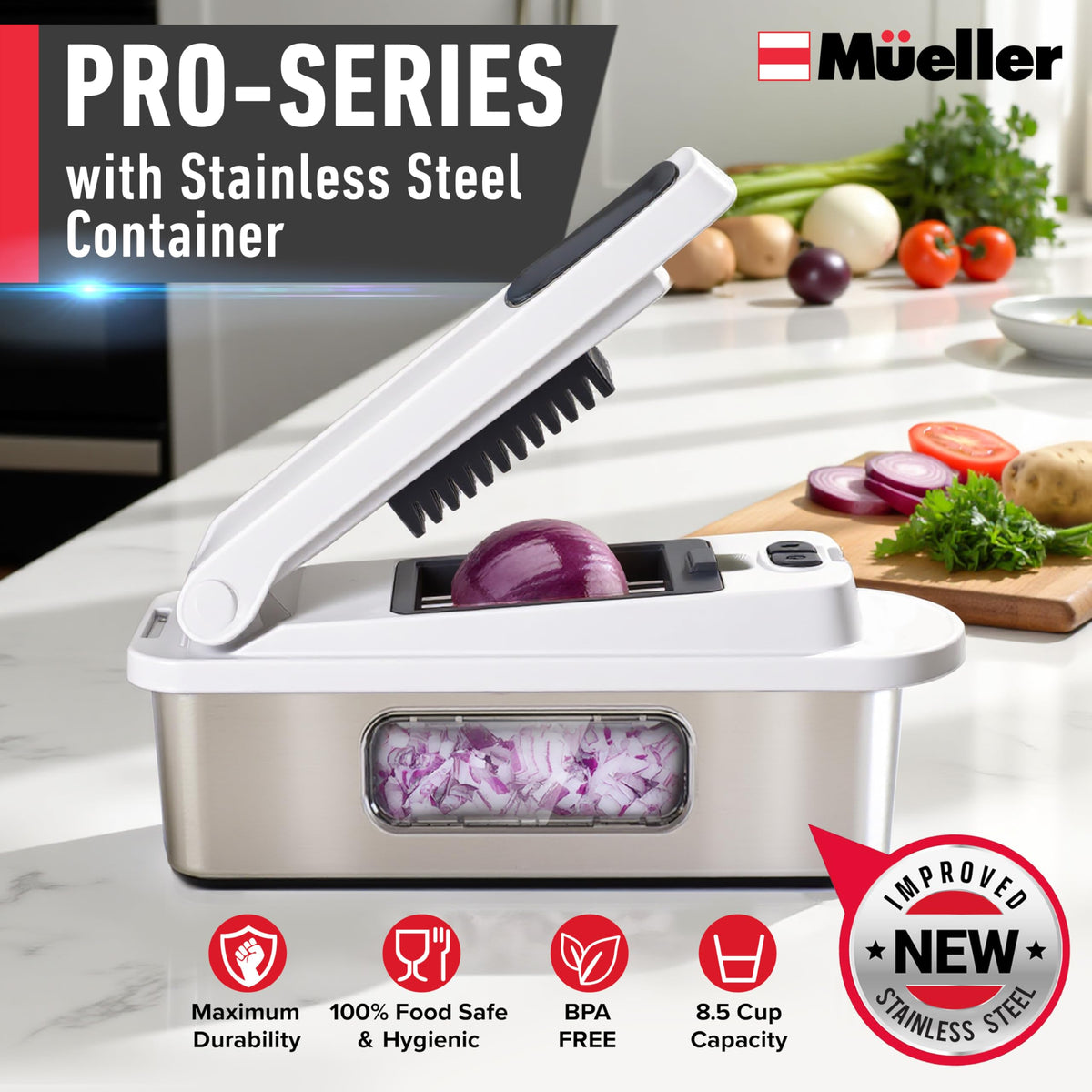 Mueller Pro-Series 8 blades in stainless steel enable versatile slicing and shredding