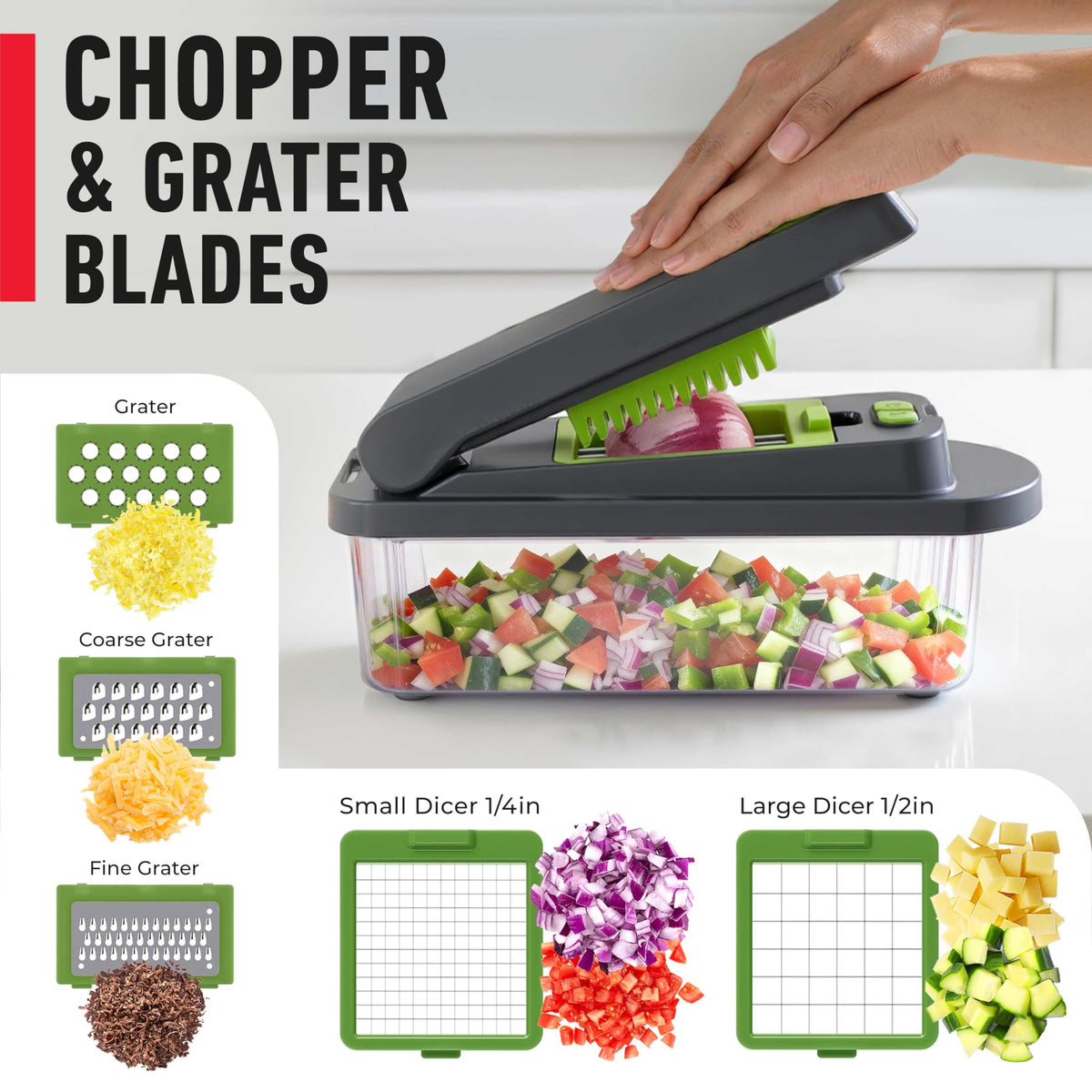 Mueller Pro-Series food holder securely grips small vegetables for safe slicing