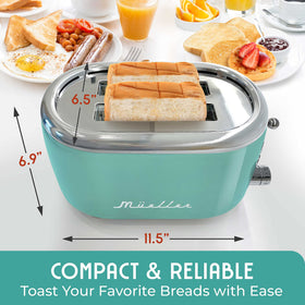MuellerHome Retro Toaster control panel emphasizes simple reheat, defrost, and cancel options.