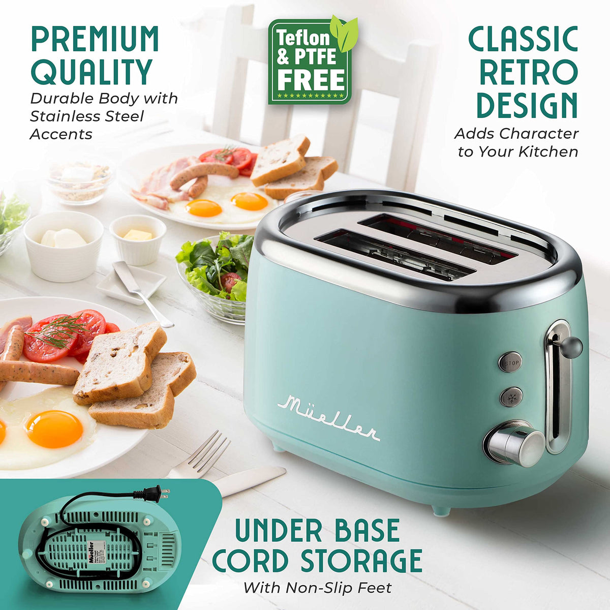 MuellerHome Retro Toaster crumb tray close-up makes cleanup effortless after breakfast.