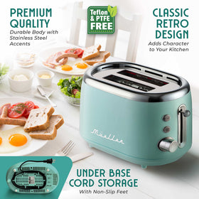 MuellerHome Retro Toaster crumb tray close-up makes cleanup effortless after breakfast.