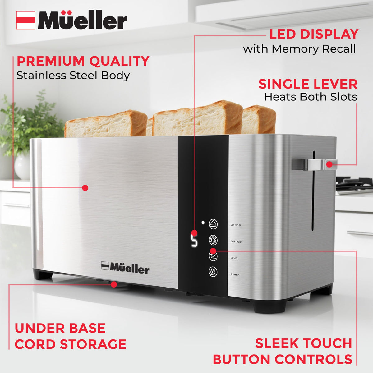 MuellerHome UltraToast removable crumb tray for quick cleanup after breakfasts.