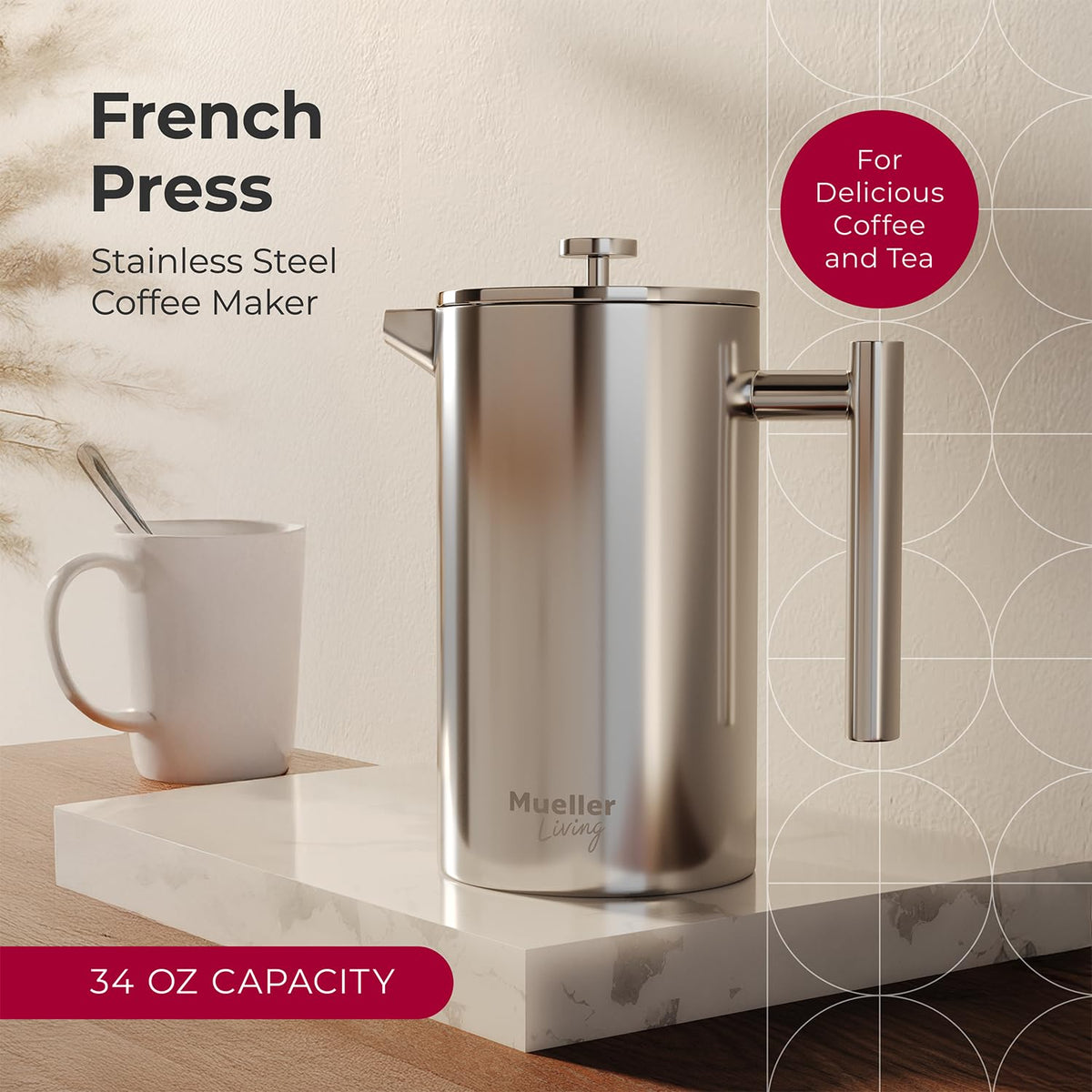 MuellerLiving 34oz double-insulated carafe side view preserves heat.