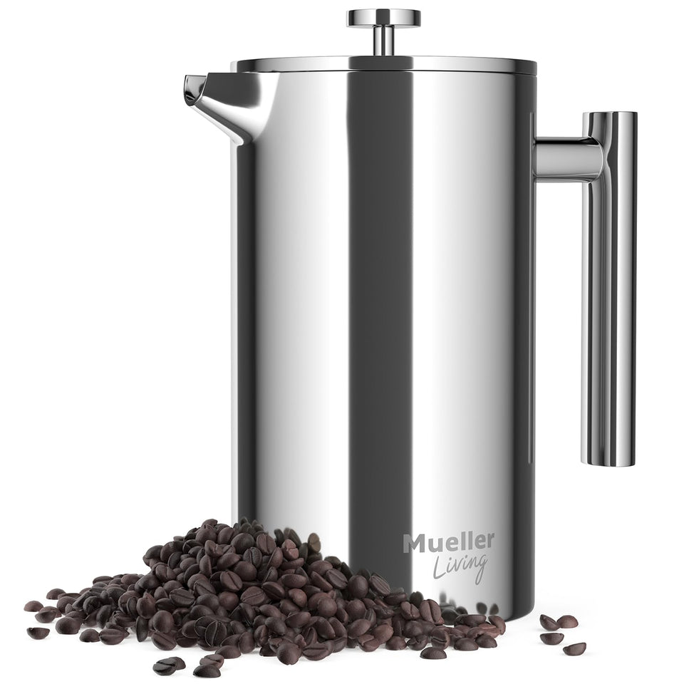 MuellerLiving 34oz French Press front view, durable travel-friendly design.