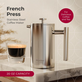 MuellerLiving French Press 20oz insulated carafe demonstrates heat retention.