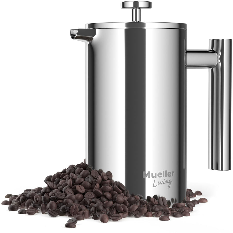 MuellerLiving French Press 20oz outer view—durable steel for travel.