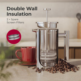 MuellerLiving French Press 4-level filtration emphasizes cleaner cups with fewer grounds.