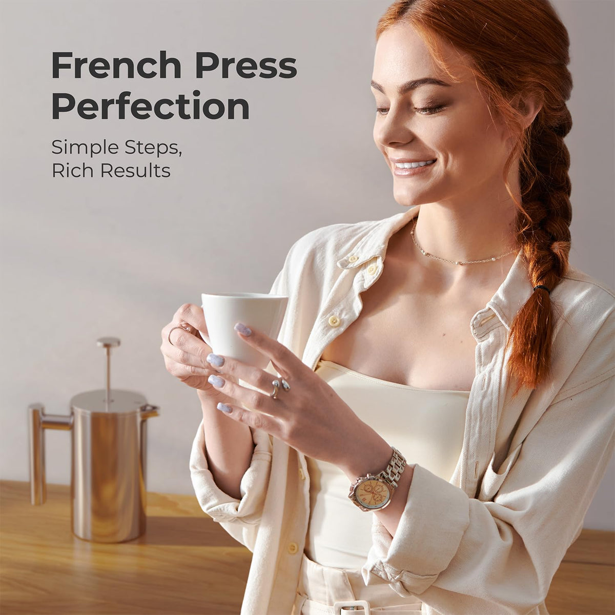 MuellerLiving French Press brewing steps illustrate a simple four-minute process.