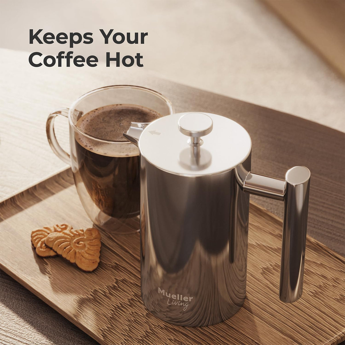 MuellerLiving French Press hot beverage ready for tea or hot chocolate.