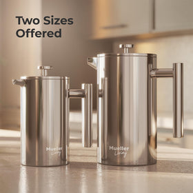 MuellerLiving French Press stainless steel body demonstrates rust-free durability for outdoor brewing.