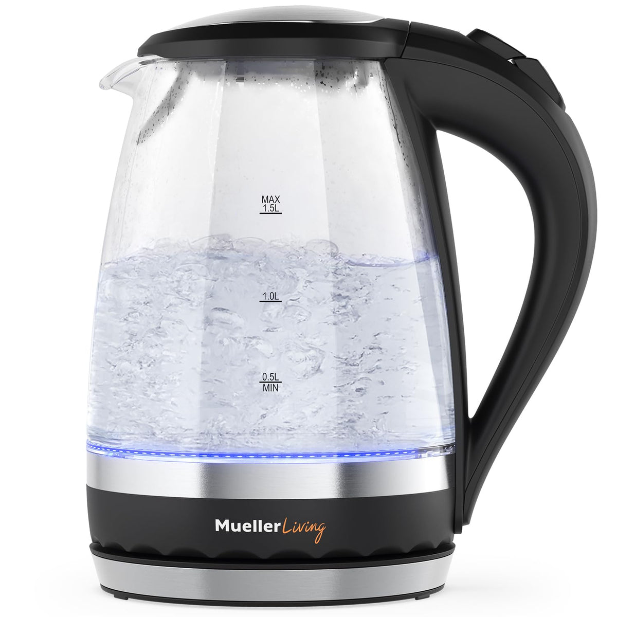 MuellerLiving glass kettle 1.5L with blue LED boil indicator.