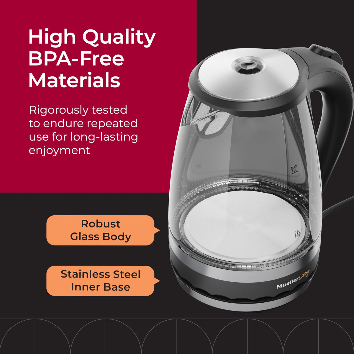 MuellerLiving glass kettle showing blue LED ready state.