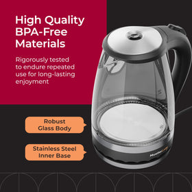 MuellerLiving glass kettle showing blue LED ready state.