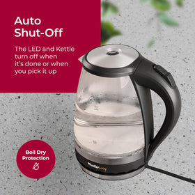 MuellerLiving glass kettle with boil-dry protection feature.