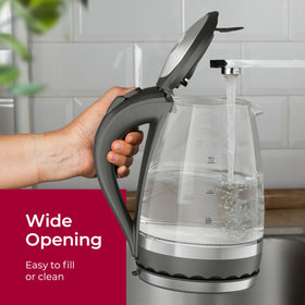 MuellerLiving glass kettle cordless pouring design for easy serving.