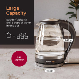 MuellerLiving glass kettle with heat-resistant, anti-slip handle.
