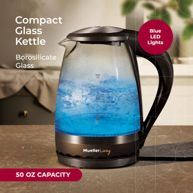 MuellerLiving glass kettle featuring SpeedBoil for rapid heating.