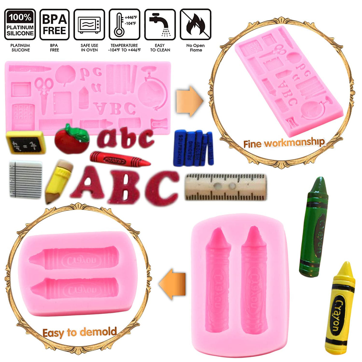 Mujiang back-to-school mold collection front view with four shapes for versatile cake crafts.