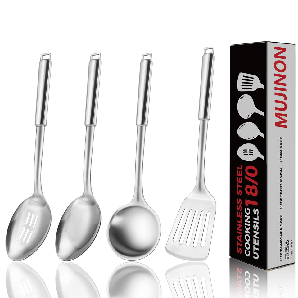 MUJINON 18/0 slotted spoon with ergonomic handle for draining and serving.