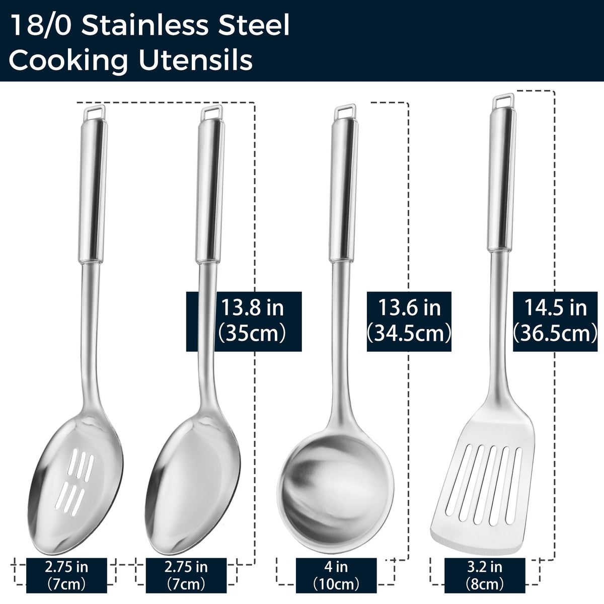 MUJINON 18/0 solid ladle designed for deep scooping in cookware.