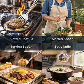MUJINON 18/0 spatula-turner with beveled edge for flipping.