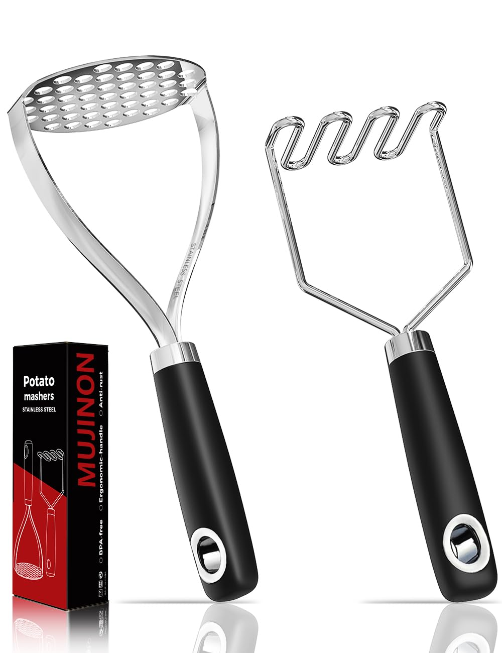 MUJINON 18/0 stainless steel potato mashers set for durable, versatile mashing.