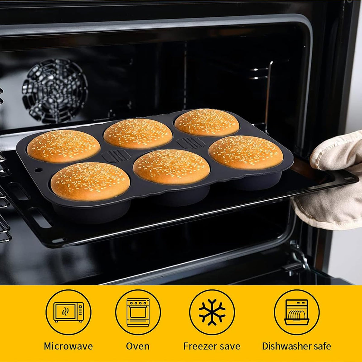 MUJUZE burger bun pan heat-resistant silicone safe for oven and freezer.