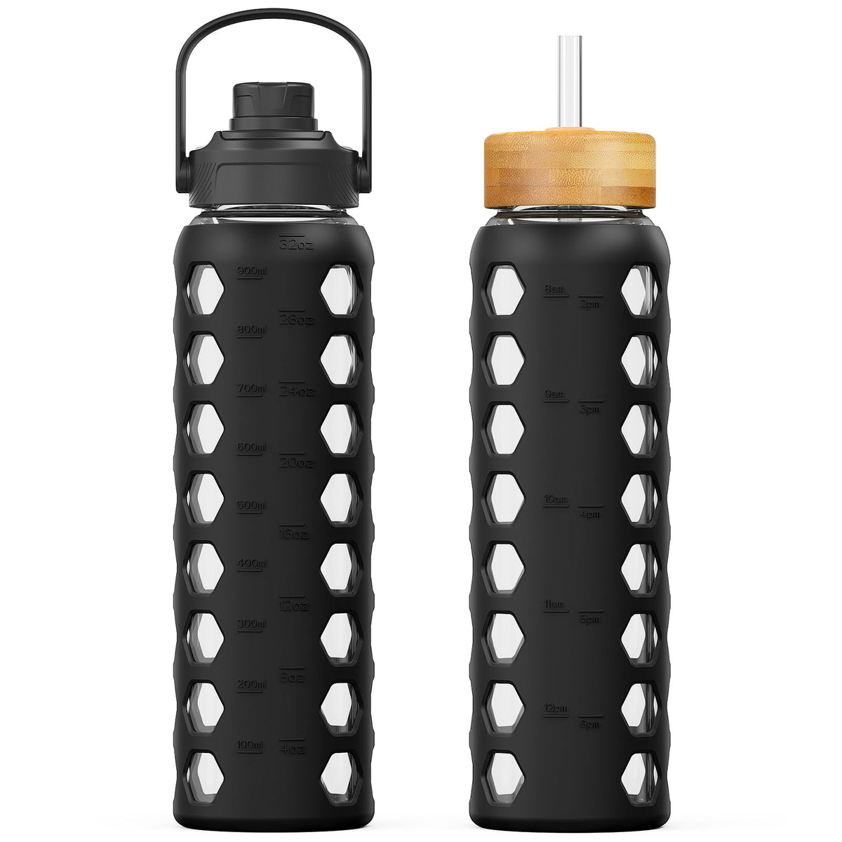MUKOKO 32oz glass bottle with two lids shown for versatile hydration on the go.