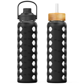 MUKOKO 32oz glass bottle with two lids shown for versatile hydration on the go.