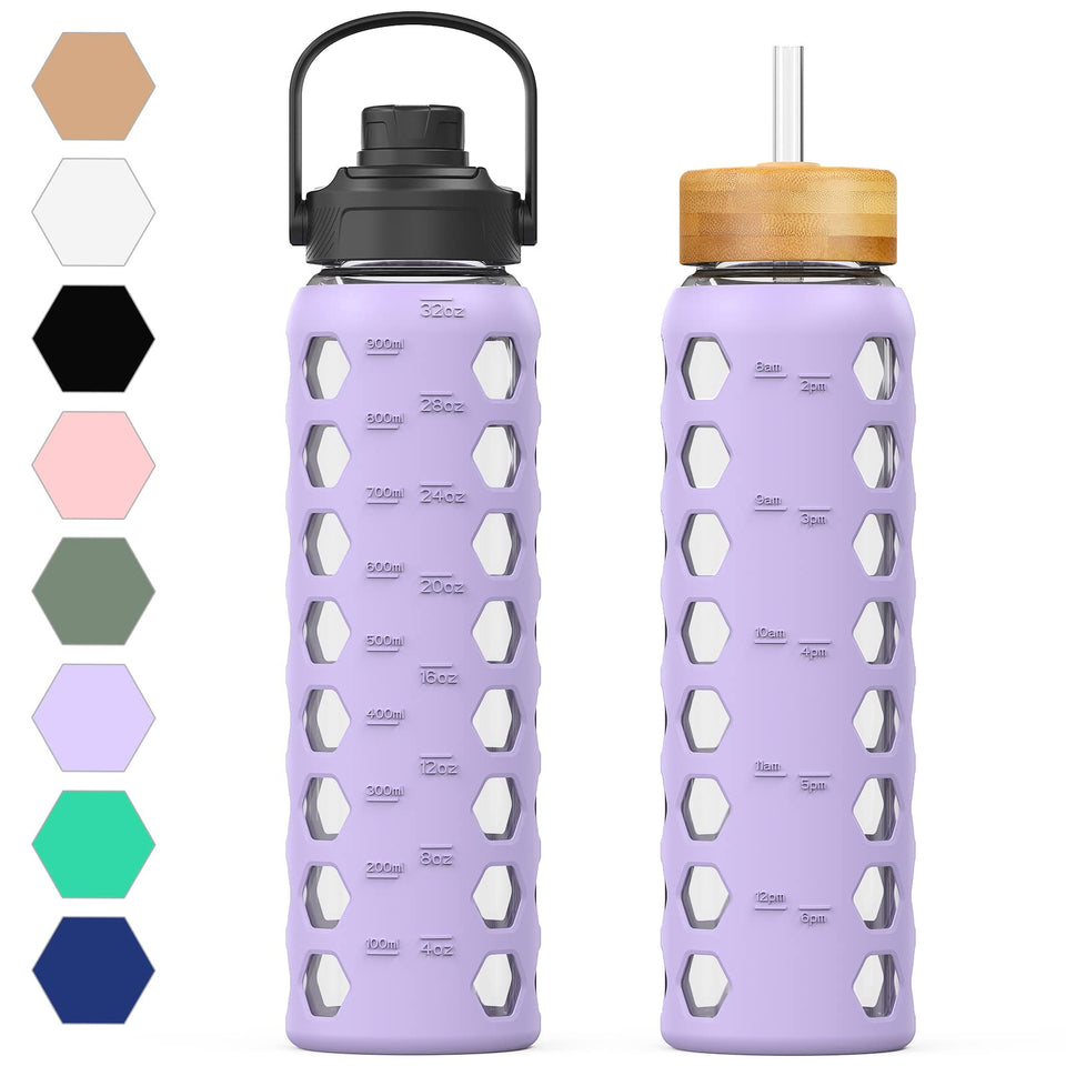 MUKOKO 32oz glass bottle with bamboo lid for easy sipping at home